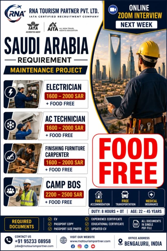 Saudi Arabia Maintenance Project Recruitment 2026 – Electrician, AC Technician, Carpenter & Camp Boss Jobs 1 Saudi Arabia Maintenance Project Recruitment 2026 – Electrician, AC Technician, Carpenter & Camp Boss Jobs
