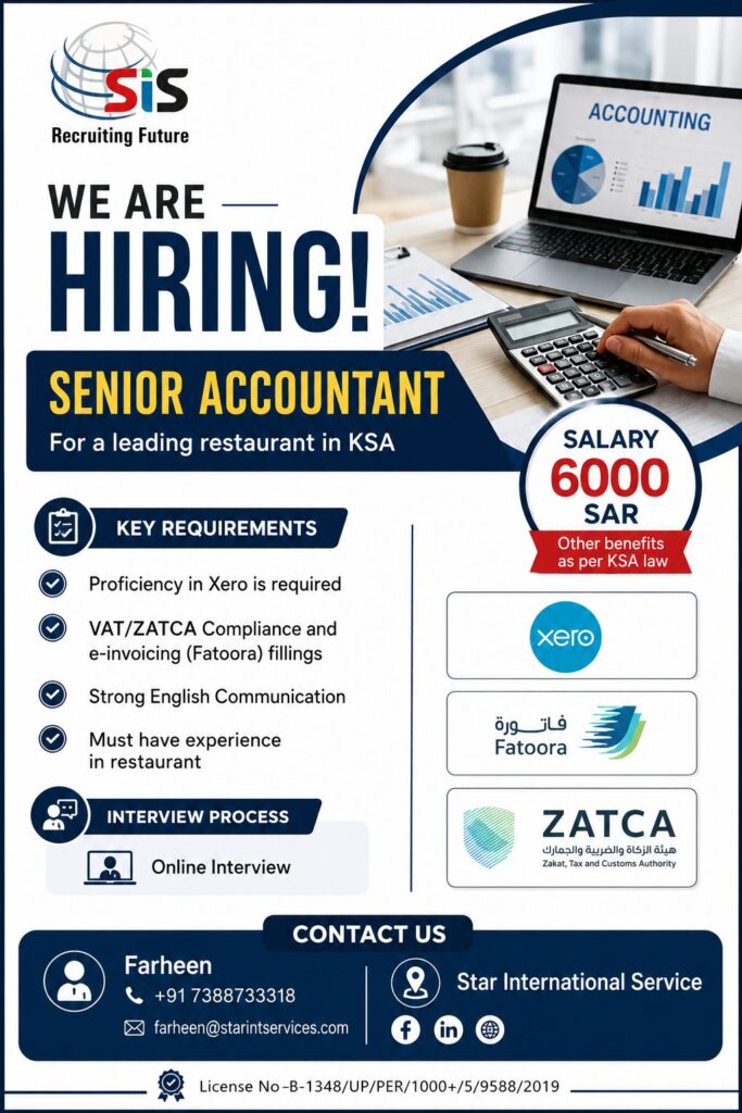 Senior Accountant Jobs in Saudi Arabia – Hiring for a Leading Restaurant | Salary 6000 SAR