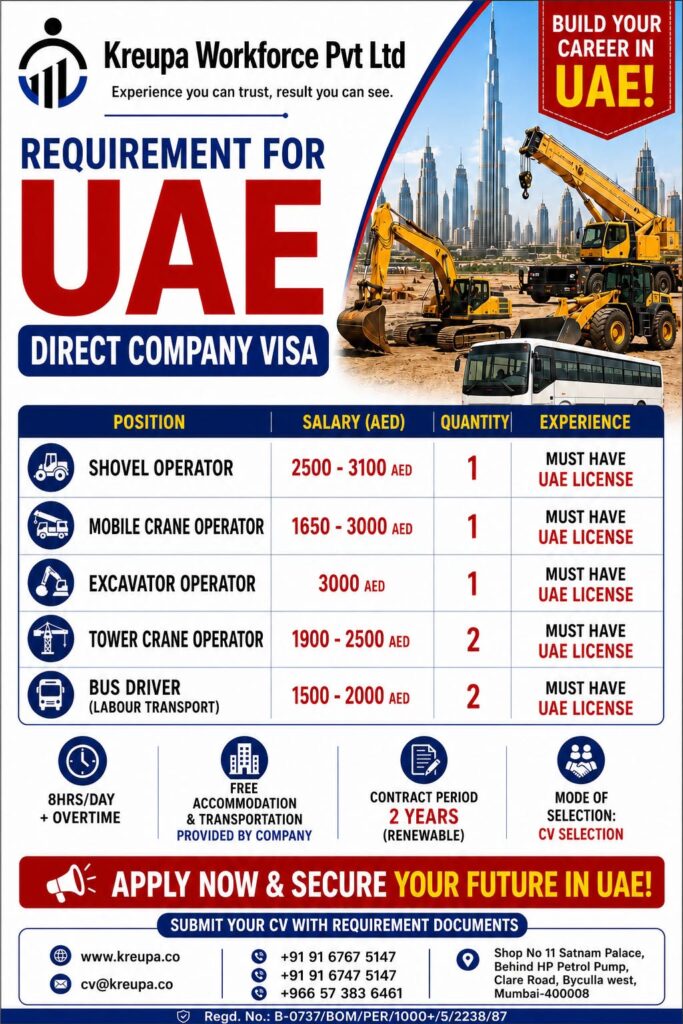 UAE Direct Company Visa Recruitment 2026 – Shovel Operator, Excavator Operator, Mobile Crane Operator, Bus Driver & More
