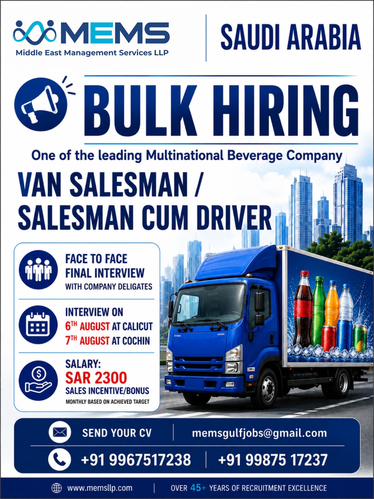 Saudi Arabia Beverage Company Recruitment 2026 | Van Salesman / Salesman Cum Driver Jobs | Direct Interview in Calicut & Cochin
