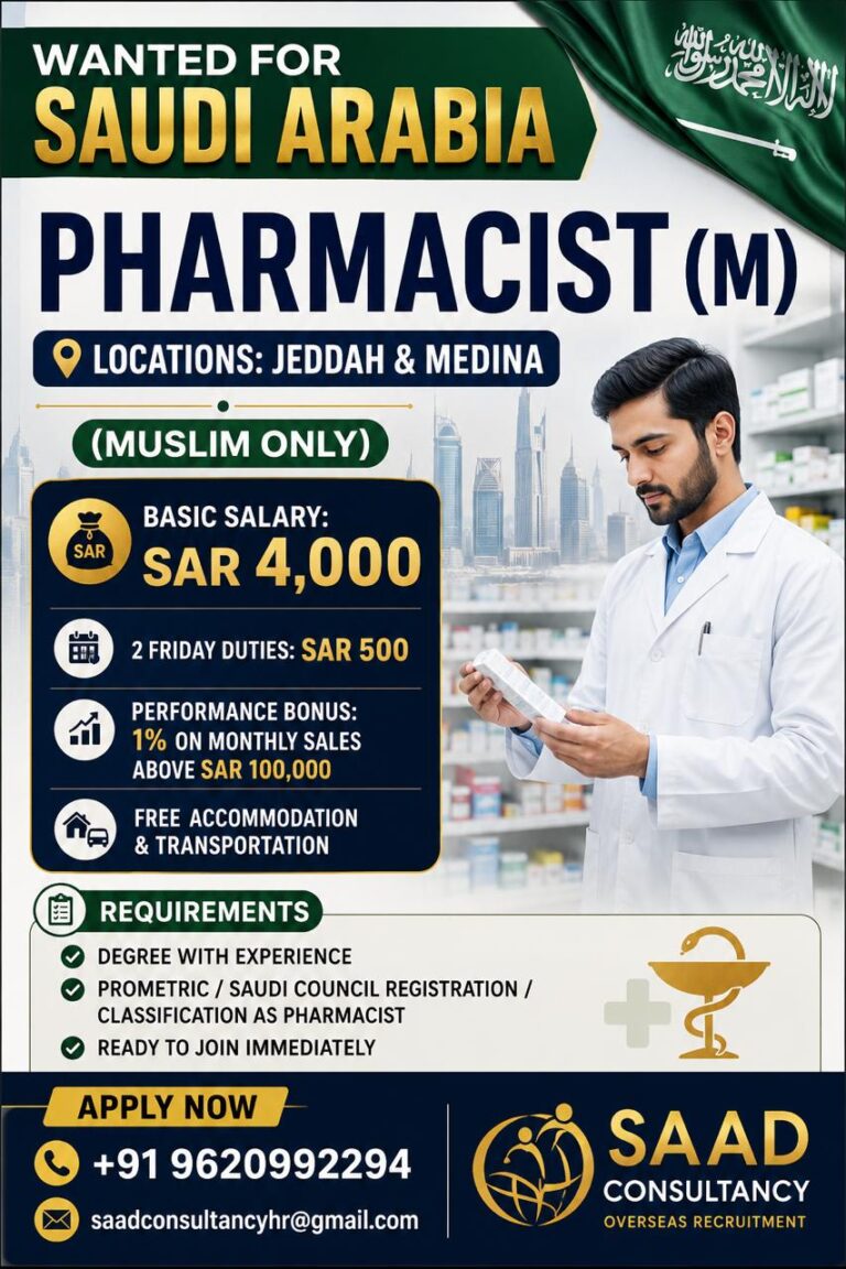Pharmacist Jobs in Saudi Arabia 2026 – Jeddah & Medina | Salary SAR 4,000 + Free Accommodation