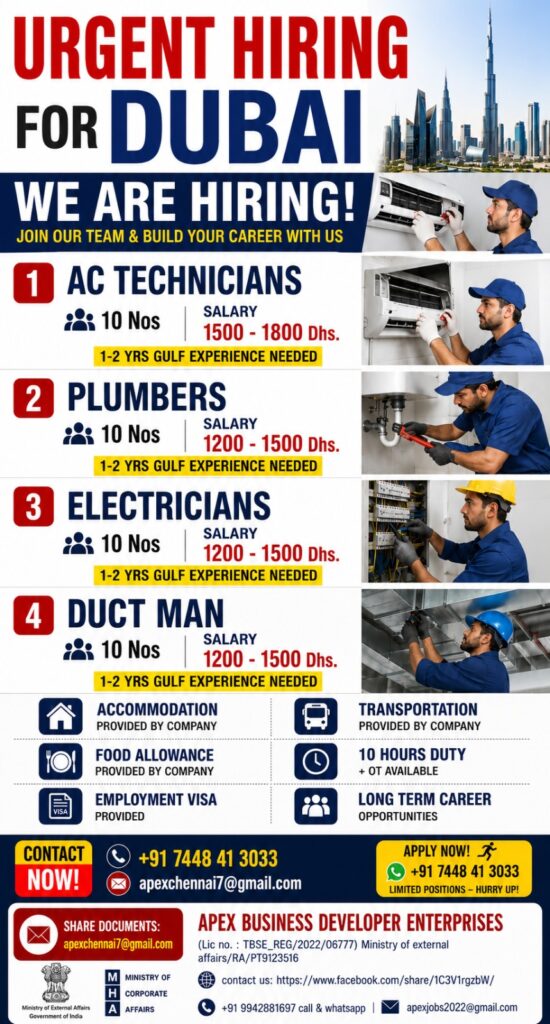 Urgent Hiring for Dubai – AC Technicians, Plumbers, Electricians & Ductman | Apply Now 1 Urgent Hiring for Dubai – AC Technicians, Plumbers, Electricians & Ductman | Apply Now