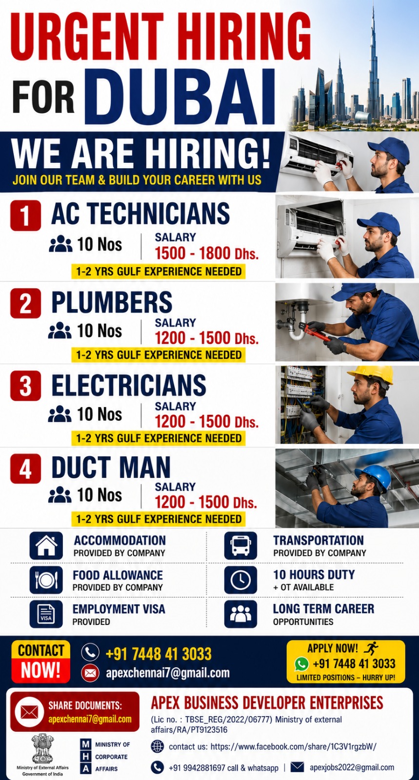 Urgent Hiring for Dubai – AC Technicians, Plumbers, Electricians & Ductman | Apply Now