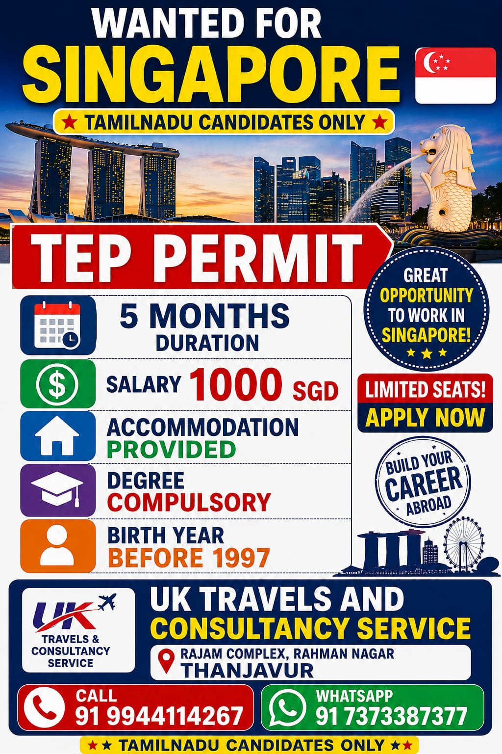 Singapore TEP Permit Jobs 2026 – 5-Month Work Opportunity | Salary 1000 SGD | Apply Now