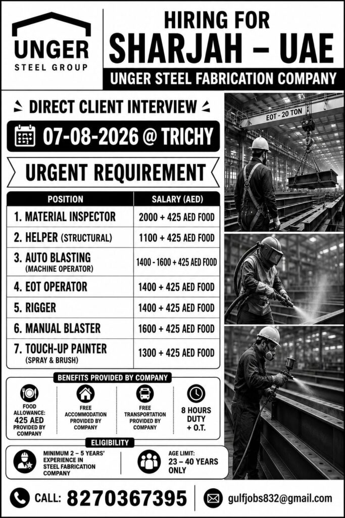 Unger Steel Group Hiring for Sharjah, UAE – Direct Client Interview in Trichy on 7 August 2026 1 Unger Steel Group Hiring for Sharjah, UAE – Direct Client Interview in Trichy on 7 August 2026