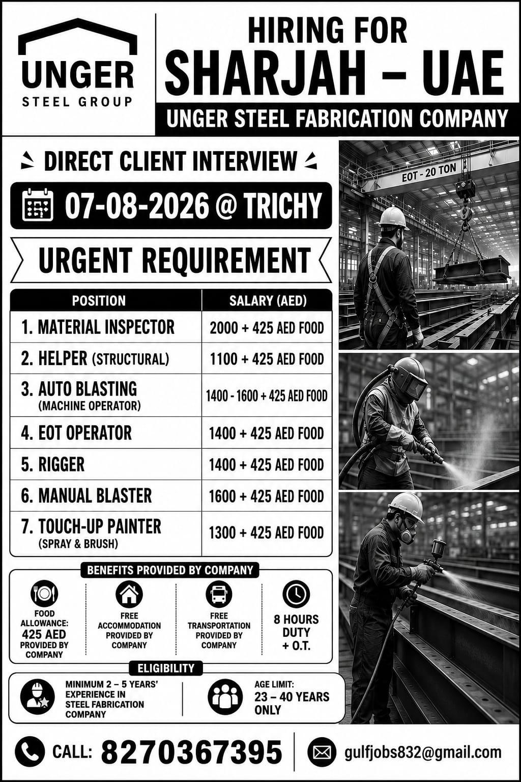 Unger Steel Group Hiring for Sharjah, UAE – Direct Client Interview in Trichy on 7 August 2026