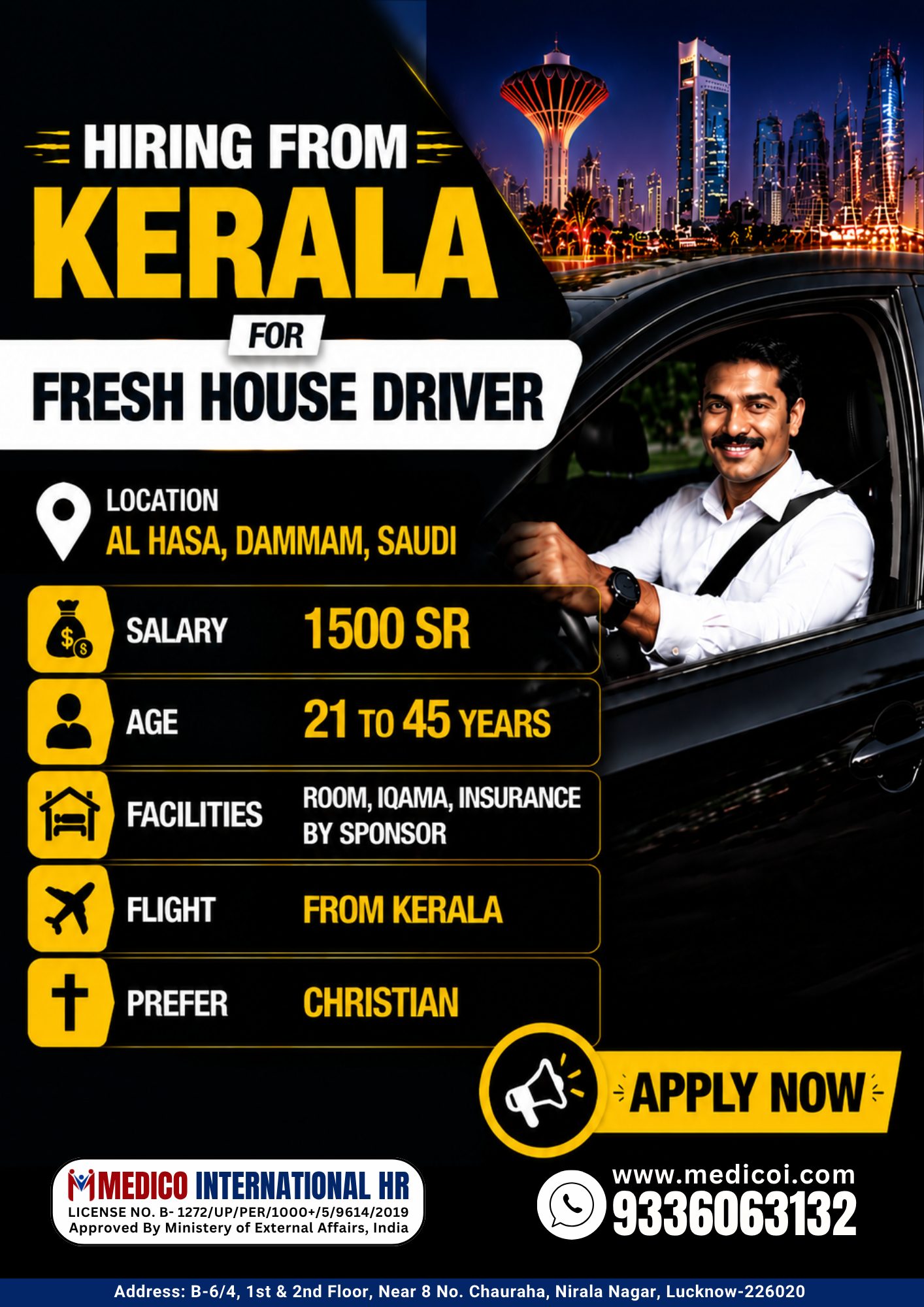 Fresh House Driver Jobs in Saudi Arabia – Hiring from Kerala | Salary 1500 SR