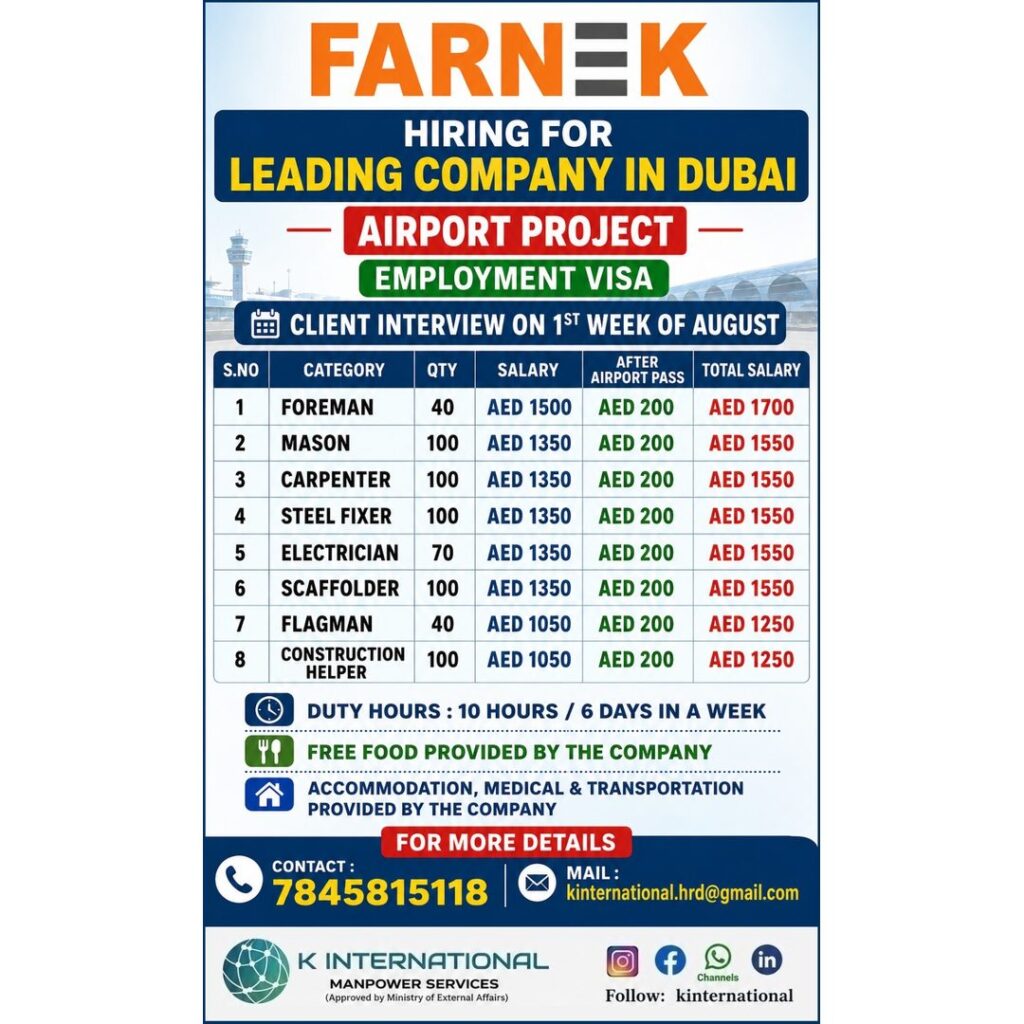 Farnek Airport Project Jobs in Dubai 2026 – Client Interview | Free Food | Employment Visa
