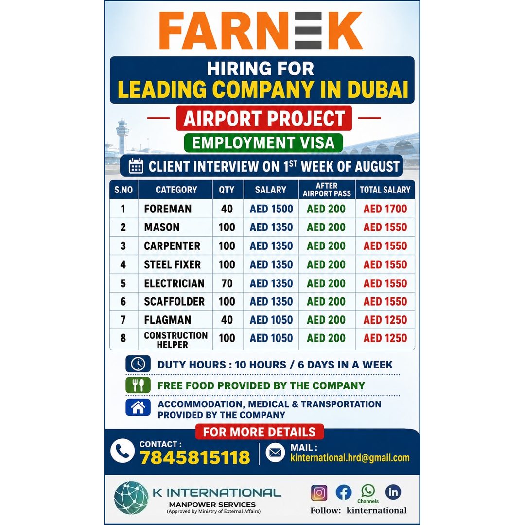 Farnek Airport Project Jobs in Dubai 2026 – Client Interview | Free Food | Employment Visa