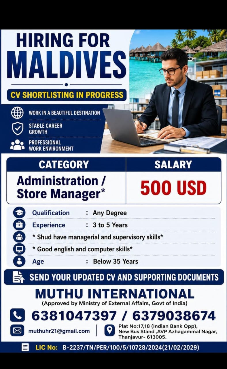 Maldives Administration / Store Manager Jobs 2026 | Apply Through Muthu International