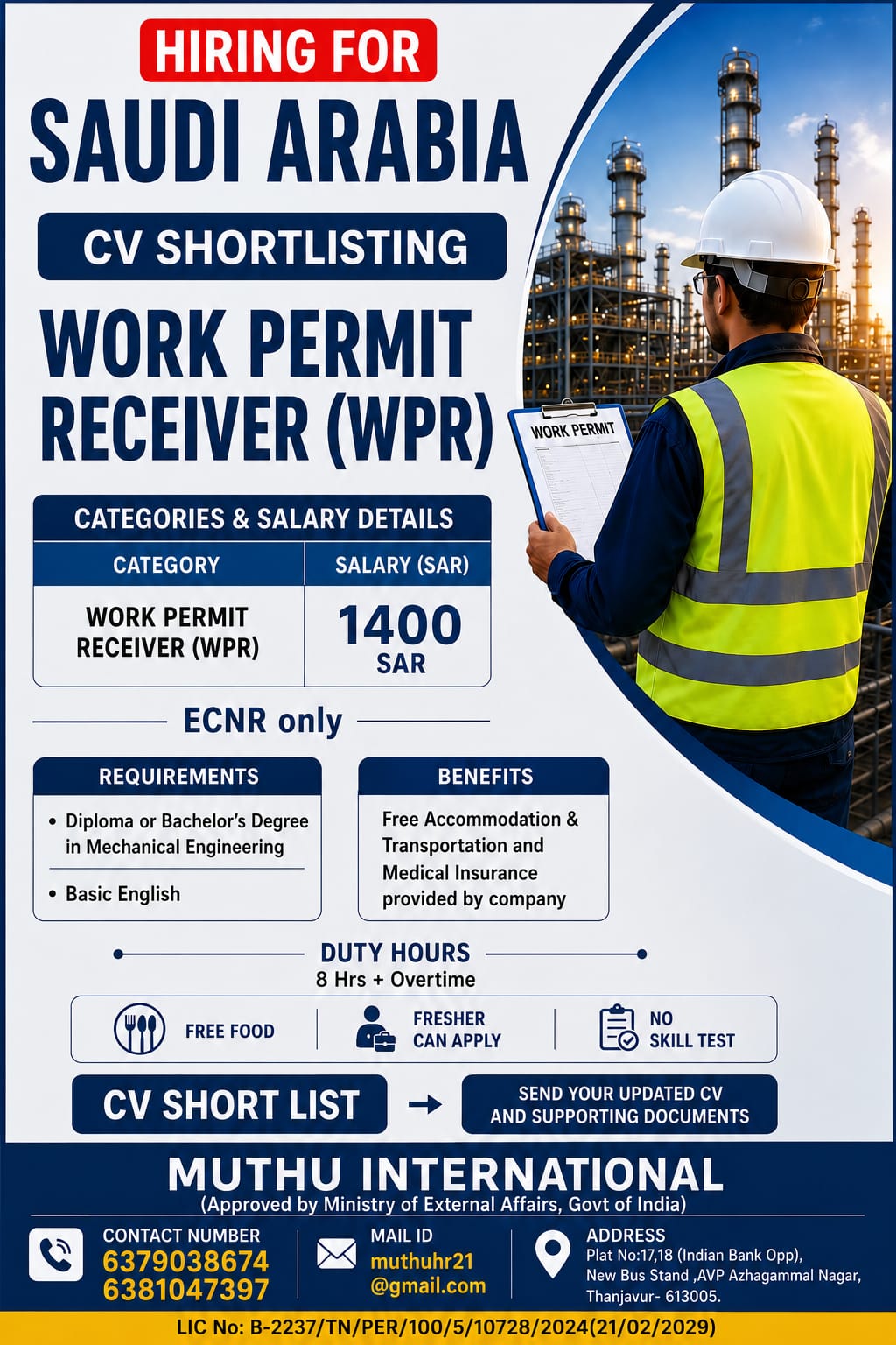 Saudi Arabia Work Permit Receiver (WPR) Jobs 2026 – CV Shortlisting | Freshers Can Apply