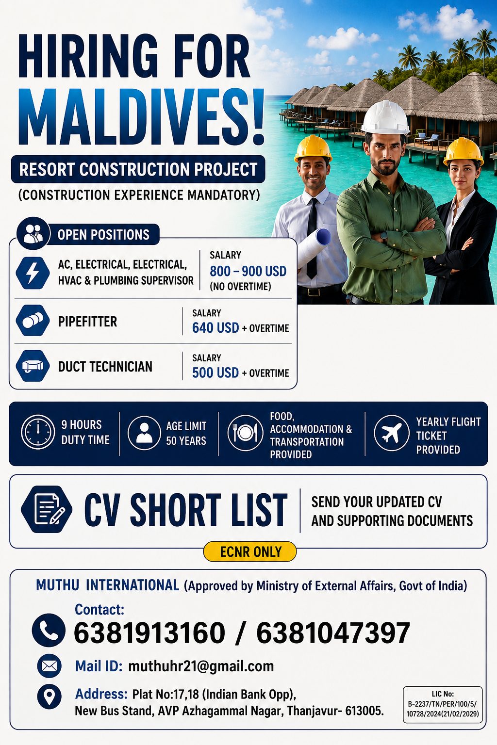 Maldives Resort Construction Project – Immediate Hiring 2026