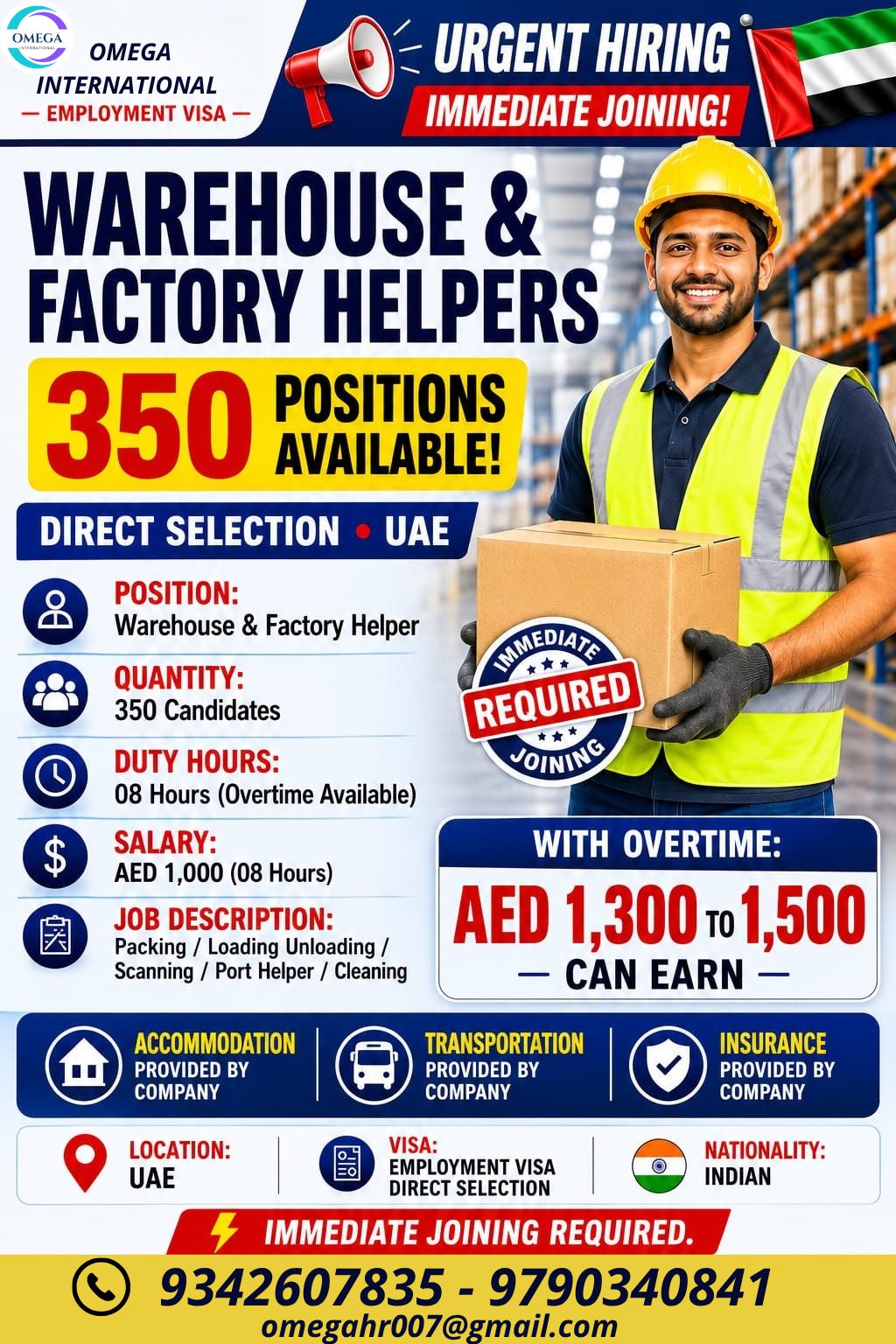 Warehouse & Factory Helper Jobs in UAE – 350 Vacancies | Direct Selection | Immediate Joining