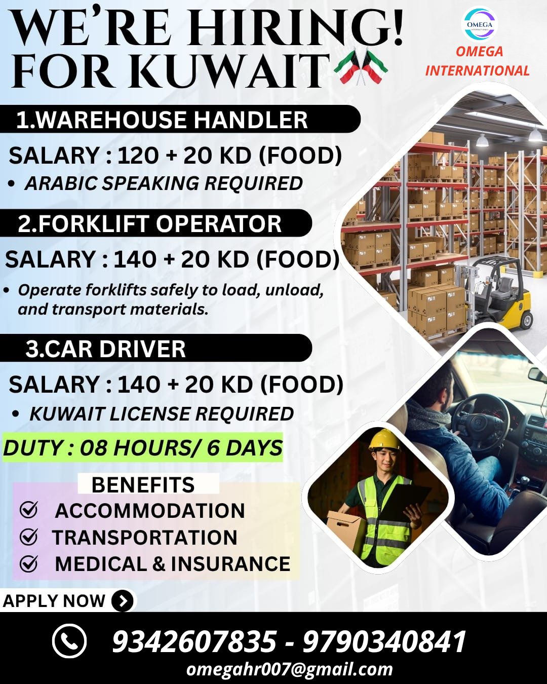 Warehouse Handler, Forklift Operator & Car Driver Jobs in Kuwait – Apply Now