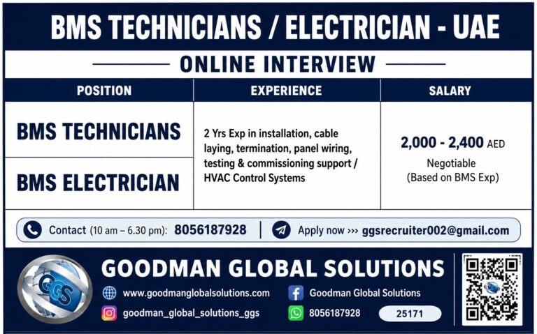 BMS Technicians / Electrician Jobs in UAE – Online Interview | Apply Now
