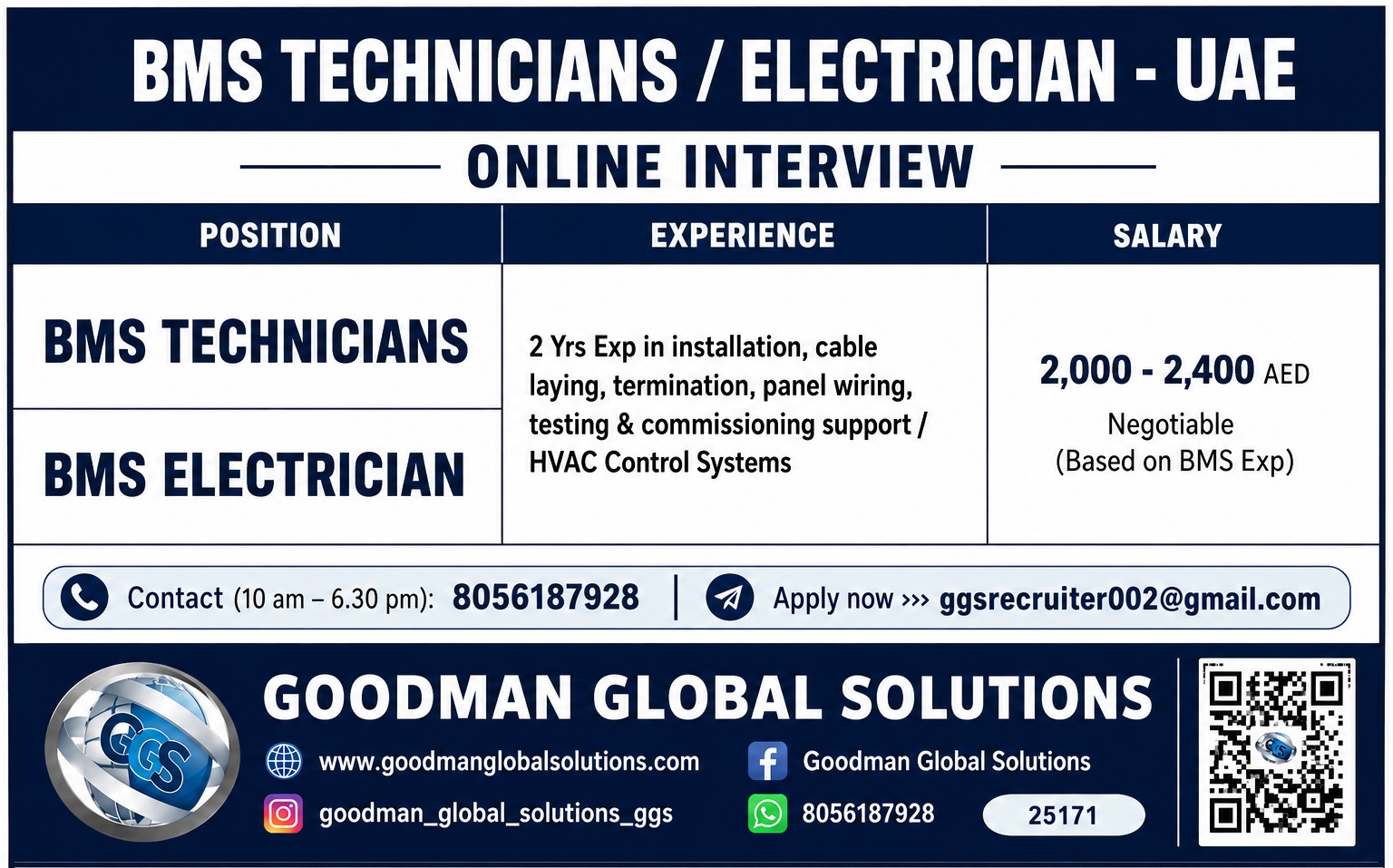 BMS Technicians / Electrician Jobs in UAE – Online Interview | Apply Now