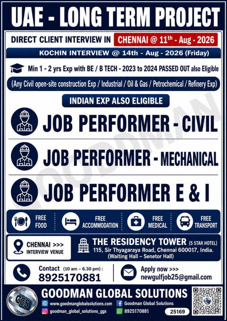 UAE Long-Term Project – Job Performer Vacancies | Direct Client Interview in Chennai & Kochi
