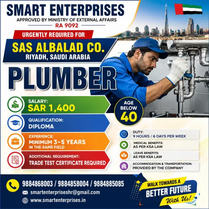 Plumber Job Vacancy in Saudi Arabia – SAS Albalad Co. | Apply Now