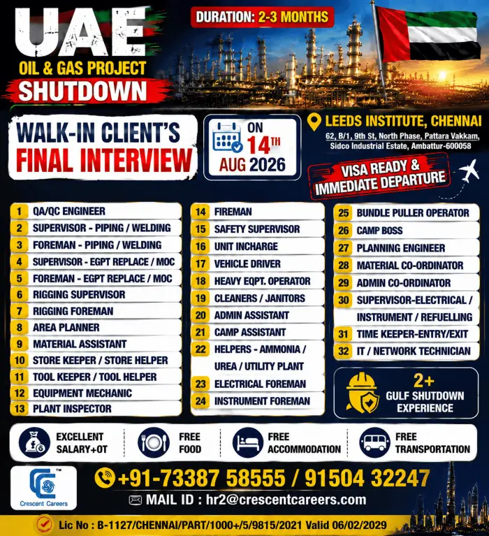 UAE Oil & Gas Shutdown Project Jobs 2026 | Walk-in Client Final Interview in Chennai – 14 August 2026
