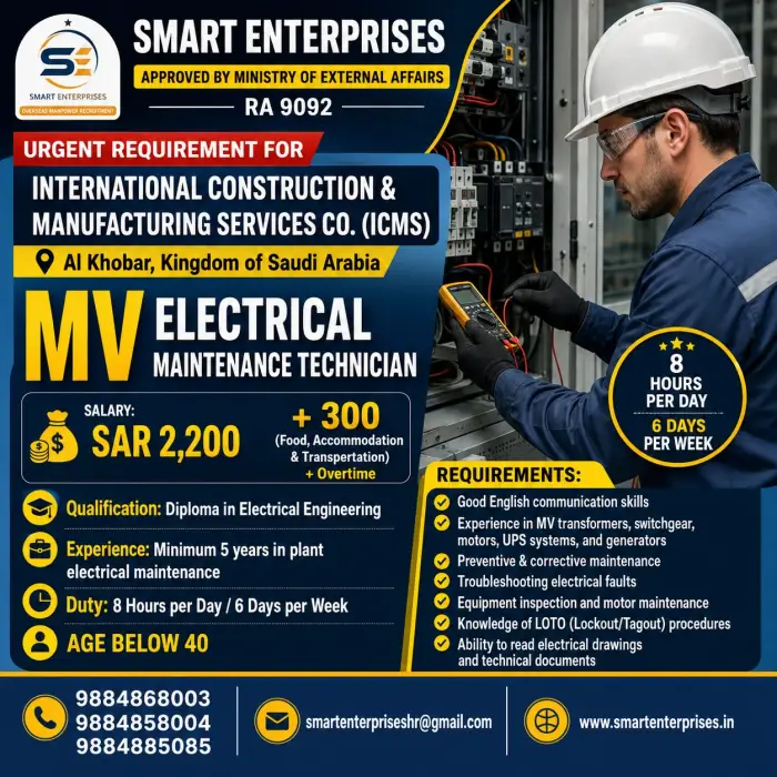 MV Electrical Maintenance Technician Jobs in Saudi Arabia – ICMS Al Khobar | Apply Now