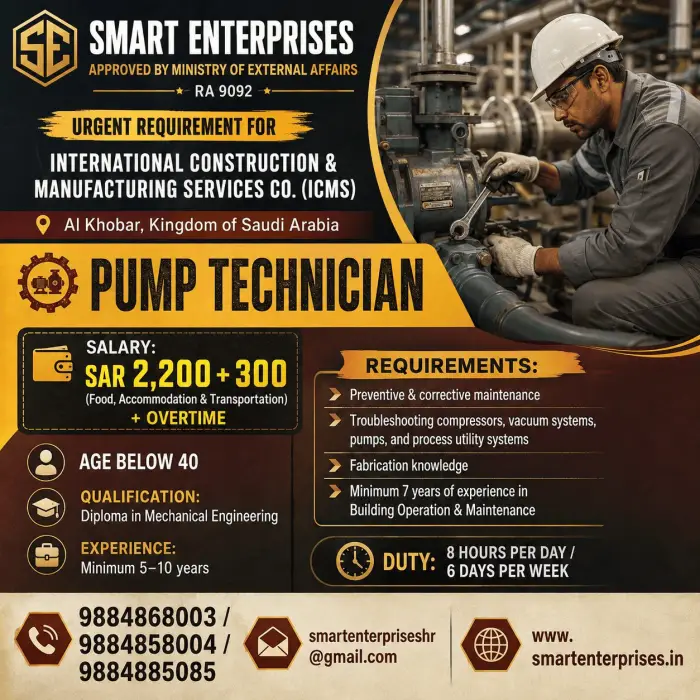 Pump Technician Jobs in Saudi Arabia – ICMS, Al Khobar | Smart Enterprises Recruitment 2026