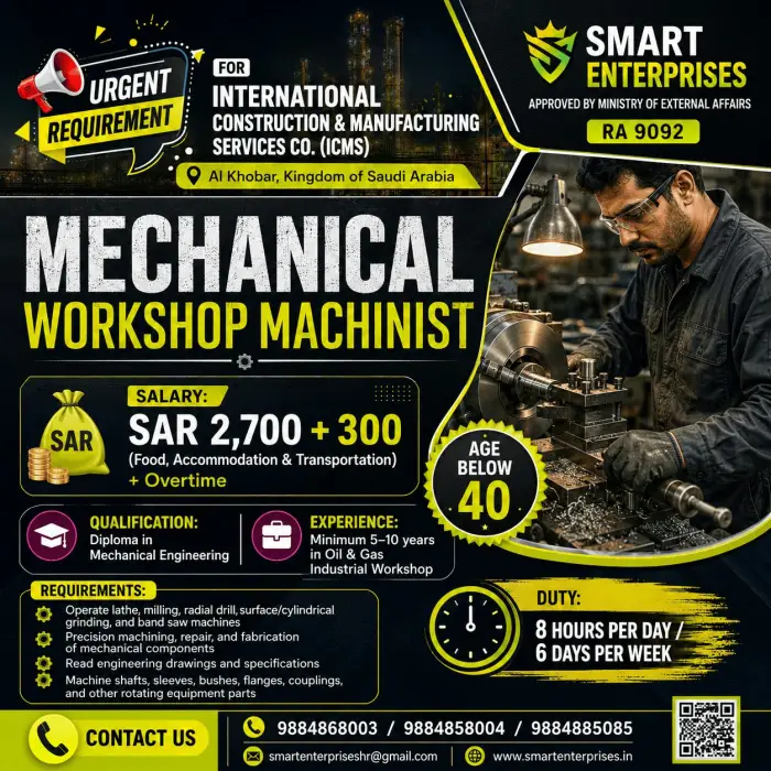 Mechanical Workshop Machinist Jobs in Saudi Arabia – ICMS | Salary up to SAR 3,000 + Overtime