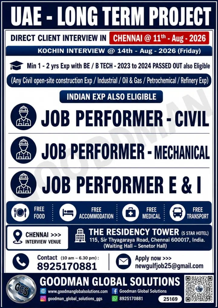 UAE Long-Term Project Jobs 2026 – Direct Client Interview in Chennai & Kochi | Civil, Mechanical & E&I