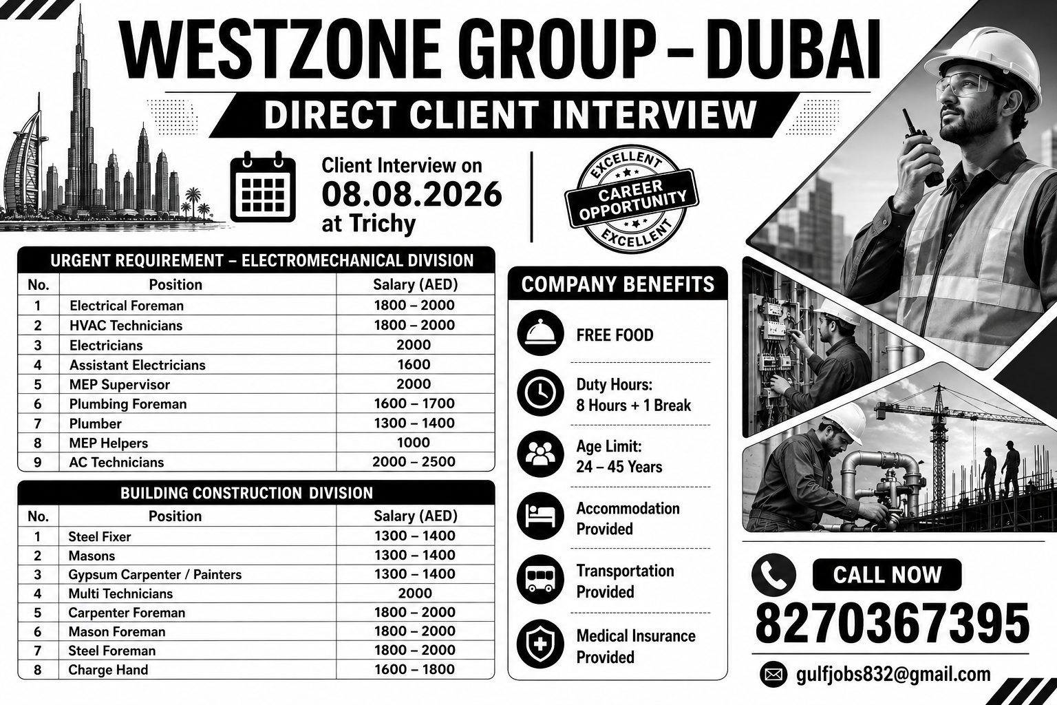 Westzone Group Dubai Hiring 2026 – Direct Client Interview at Trichy | Multiple Technical & Construction Vacancies