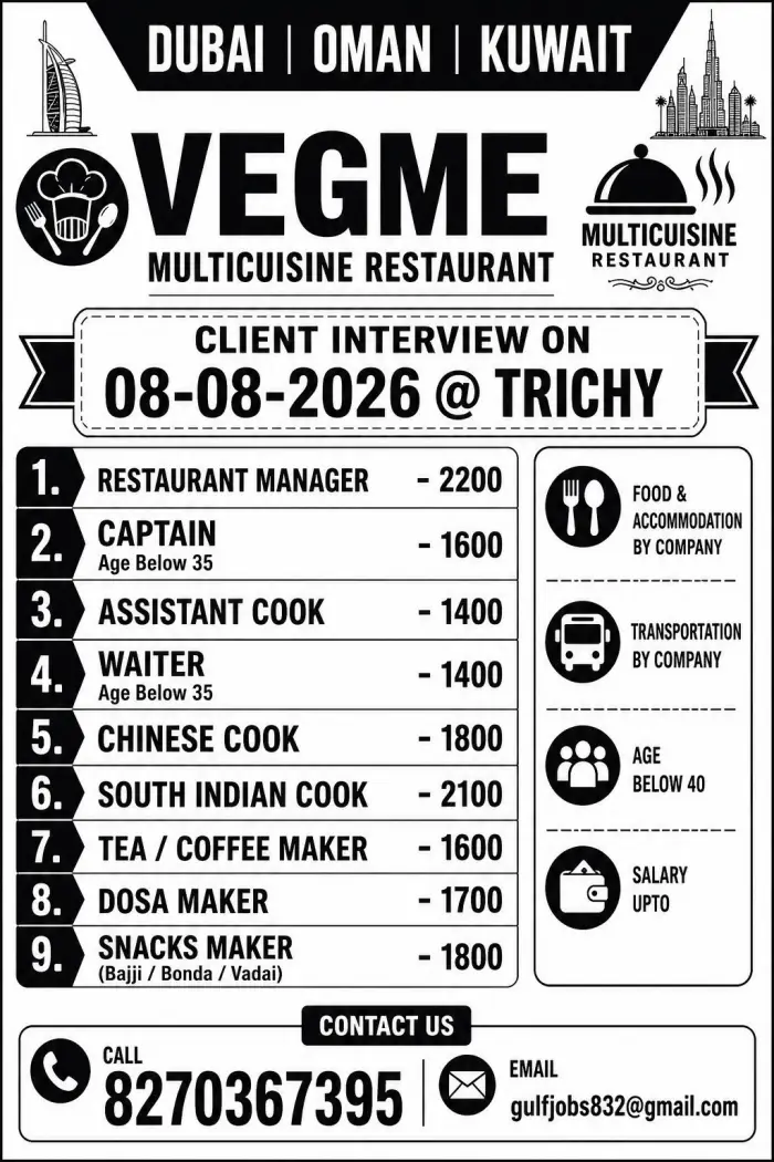 VEGME Multicuisine Restaurant Recruitment 2026 | Client Interview on 08 August 2026 at Trichy