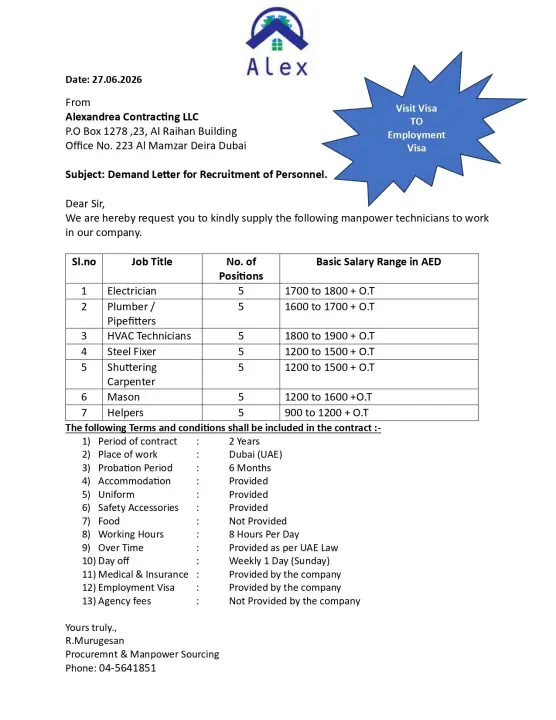 Alexandra Contracting LLC Dubai Recruitment 2026 – Visit Visa to Employment Visa Opportunities