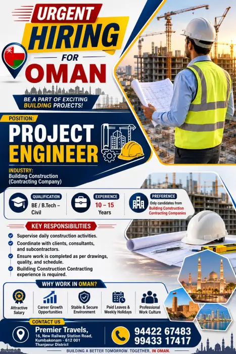 Urgent Project Engineer Jobs in Oman 2026 | Apply Through Premier Travels