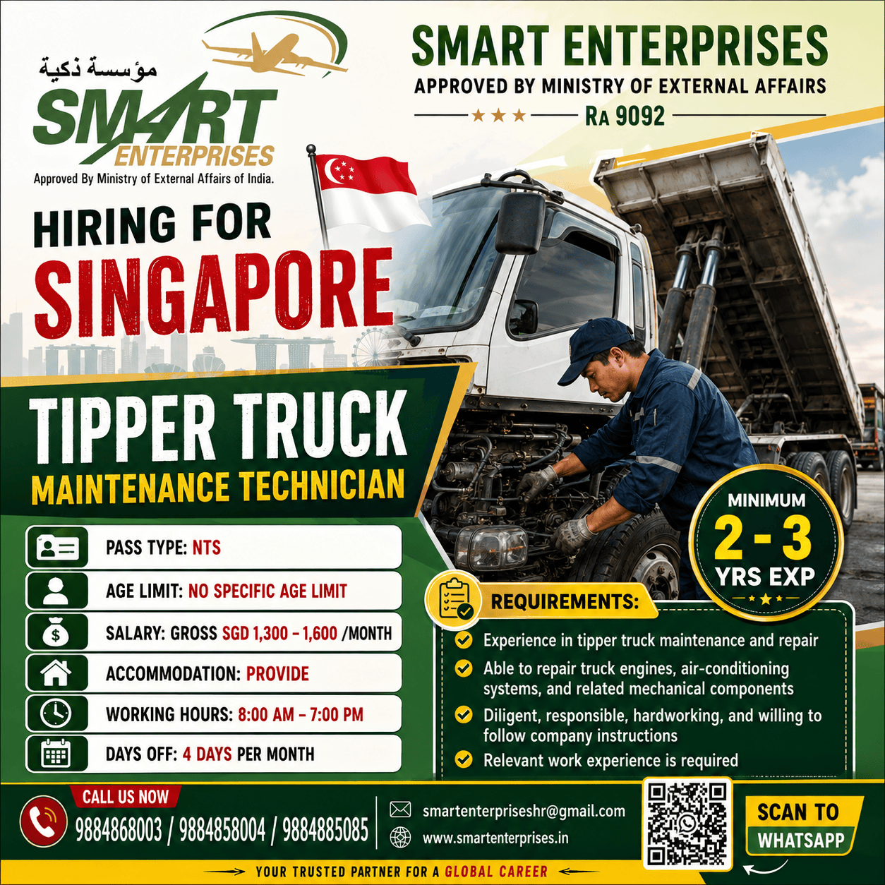Tipper Truck Maintenance Technician Jobs in Singapore 2026 – Smart Enterprises Recruitment