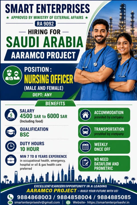 Nursing Officer Jobs in Saudi Arabia – Aaramco Project | Smart Enterprises Recruitment 2026