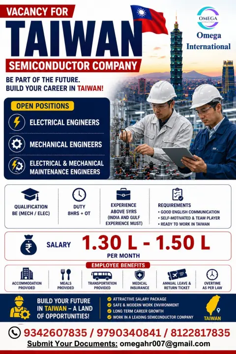 Taiwan Semiconductor Company Recruitment 2026 – Electrical & Mechanical Engineers | Salary Up to ₹1.50 Lakh/Month