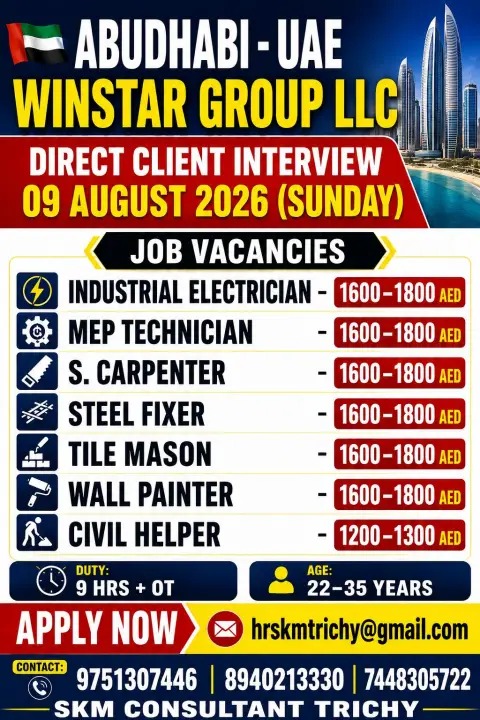 Winstar Group LLC Abu Dhabi Recruitment 2026 – Direct Client Interview | Electrician, MEP Technician, Carpenter & More