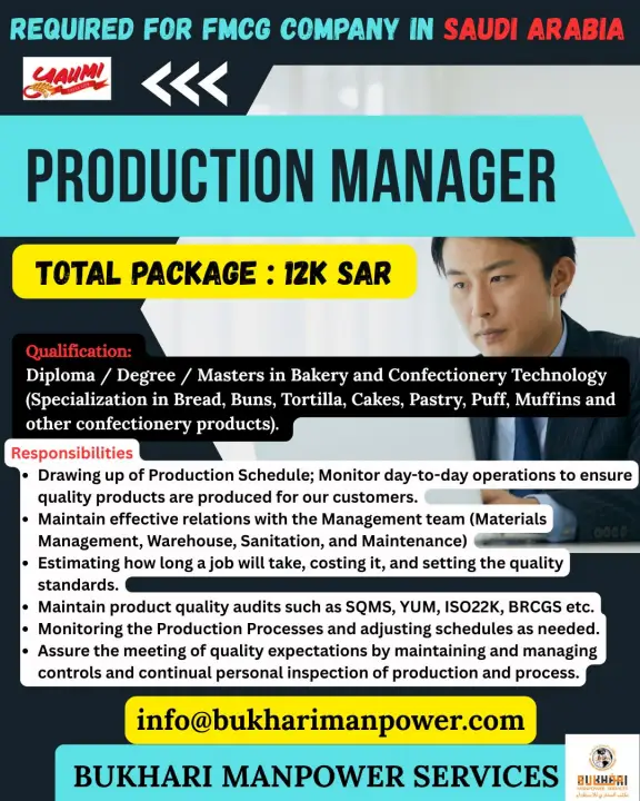 Production Manager Jobs in Saudi Arabia | FMCG Company | Salary 12,000 SAR