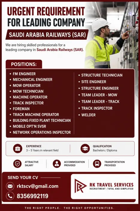 Urgent Recruitment for Saudi Arabia Railways (SAR) – Engineering & Technical Jobs 2026