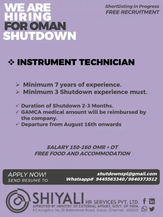 Instrument Technician Jobs in Oman – Shutdown Project | Free Recruitment 2026