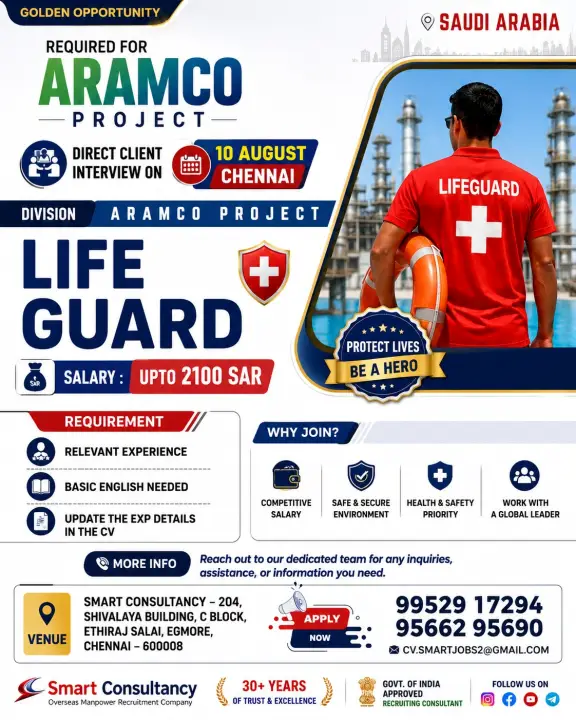 Aramco Project Lifeguard Jobs in Saudi Arabia – Direct Client Interview in Chennai | Salary Up to 2100 SAR