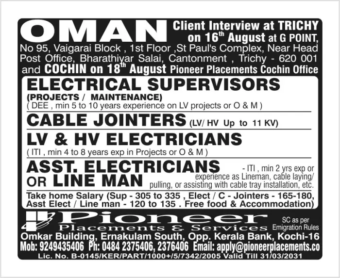 Oman Electrical Jobs 2026 – Client Interview at Trichy & Kochi | Free Food & Accommodation