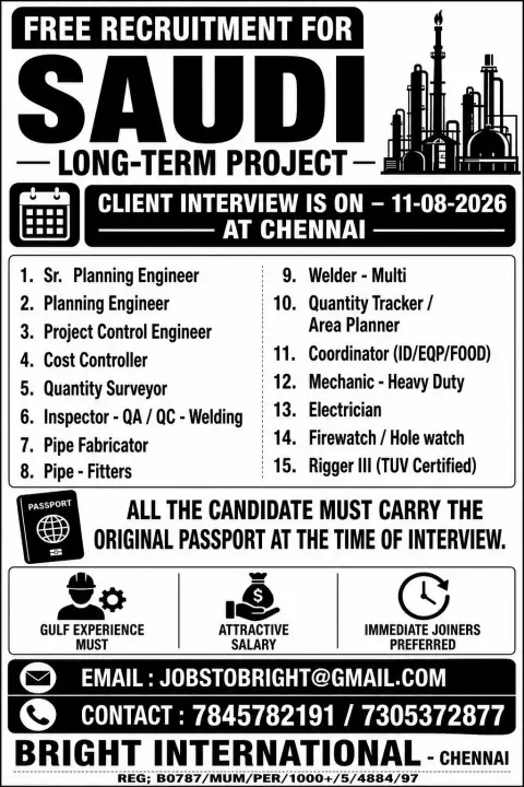 Saudi Arabia Long-Term Project Jobs 2026 – Free Recruitment | Client Interview at Chennai