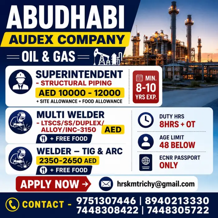 Abu Dhabi Audex Company Oil & Gas Jobs 2026 – Free Food, Attractive Salary, Immediate Hiring