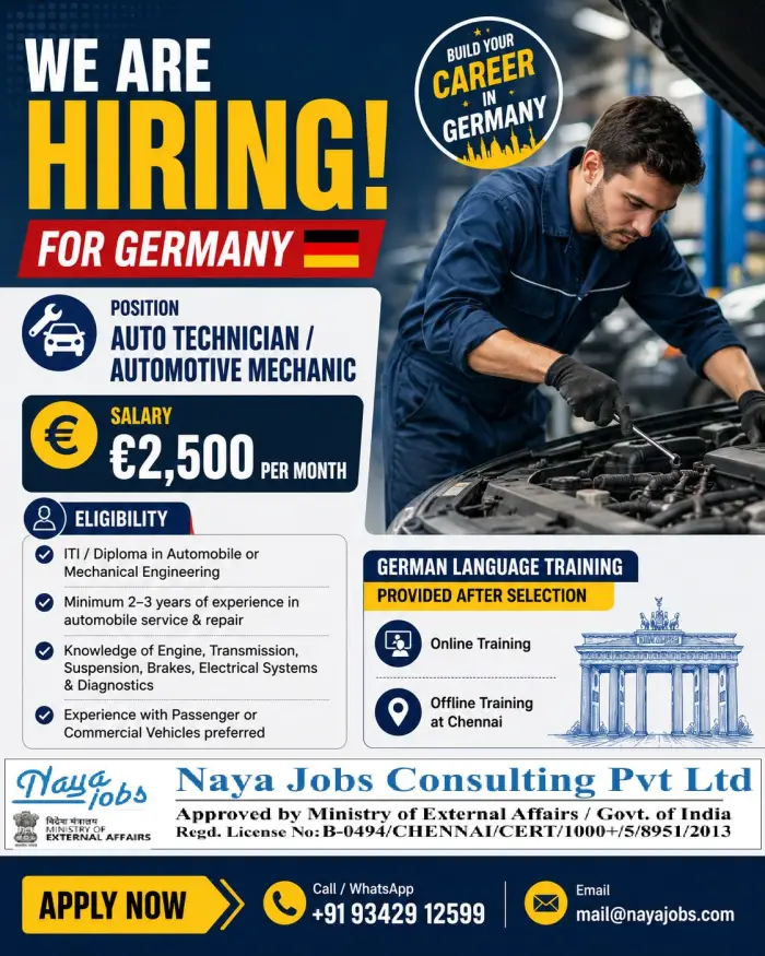Auto Technician / Automotive Mechanic Jobs in Germany – Apply Now | €2,500 Monthly Salary