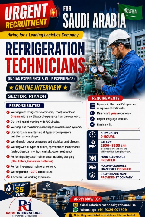 Refrigeration Technician Jobs in Saudi Arabia 2026 – Online Interview | Rafat International Recruitment