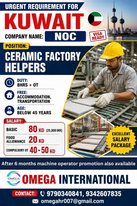 Ceramic Factory Helper Jobs in Kuwait 2026 – Free Accommodation | Visa Ready