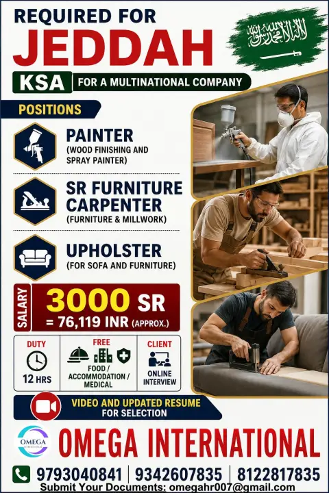 Jeddah, Saudi Arabia – Furniture Industry Job Openings | Free Food, Accommodation & Medical