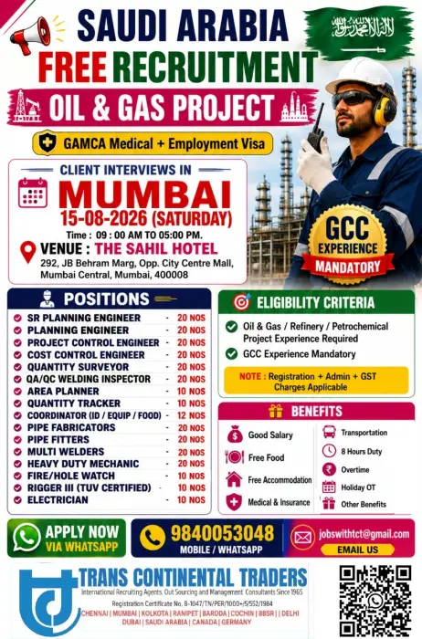 Saudi Arabia Free Recruitment 2026 – Oil & Gas Project Jobs | Client Interview in Mumbai on 15 August