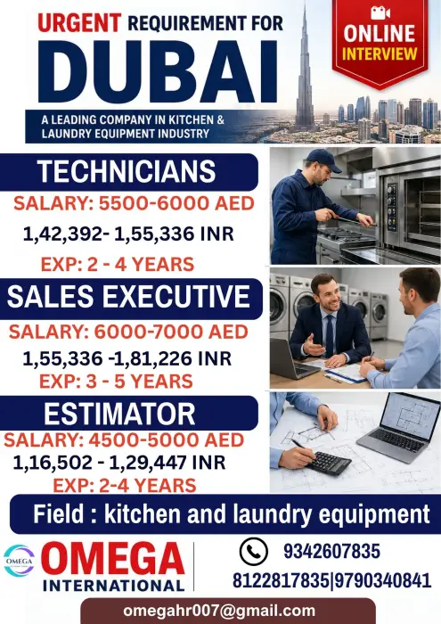 Urgent Job Openings in Dubai – Kitchen & Laundry Equipment Industry | Online Interview