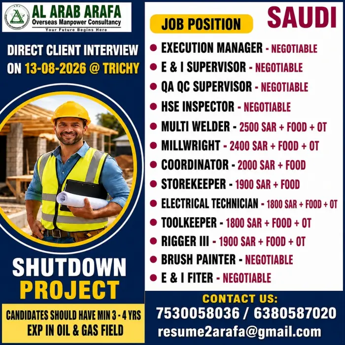 Saudi Arabia Shutdown Project Jobs 2026 | Direct Client Interview at Trichy | Free Recruitment
