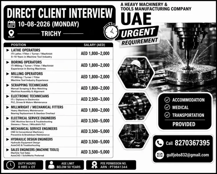 UAE Urgent Job Vacancy 2026 – Direct Client Interview in Trichy for Heavy Machinery & Tools Manufacturing Company